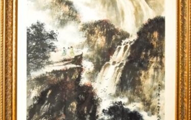 Chinese Watercolor Figural Mountain Landscape