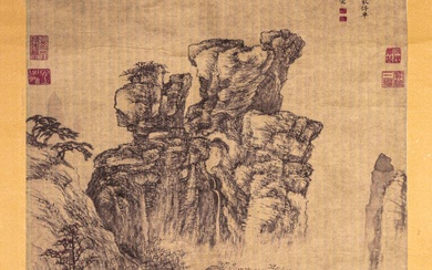 Chinese scroll featuring mountain view with blooming trees (L:153cm-W:70cm)