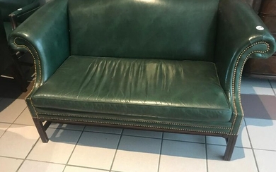 Chippendale Style Green Leather Sofa by Hancock and