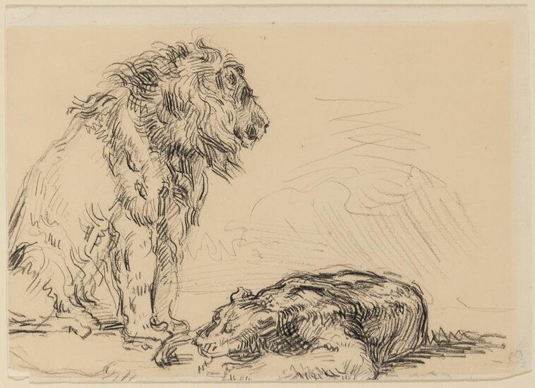 Circle of Ferdinand Victor Eugene Delacroix Study of a Lion and a Lioness