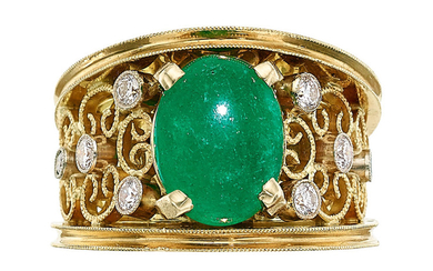 Colombian Emerald, Diamond, Gold Ring The ring features an...