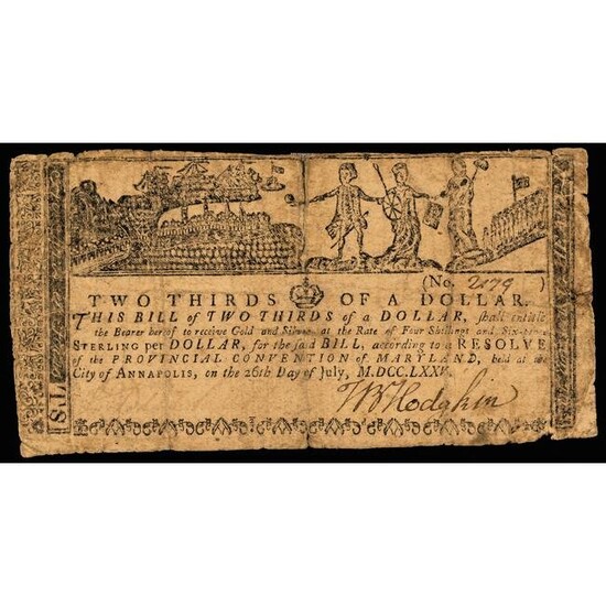 Colonial Currency MD Rare July 26, 1775 $2/3 Note
