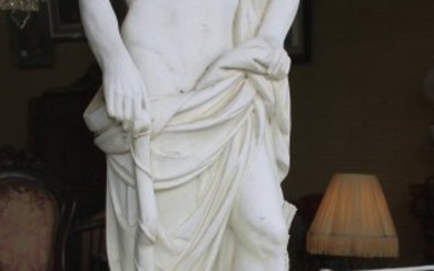 Concrete statue of a Roman soldier with cape, 84 in. T.