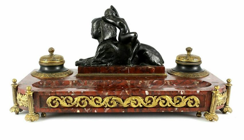 Continental Gilt Bronze & Marble Inkwell Desk, 19th C.