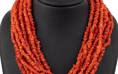 Coral-necklace , 10 rows, l. approx. 50 cm, clasp silver...