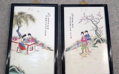 TWO FRAMED PLATES of polychrome porcelain depicting scenes of life...