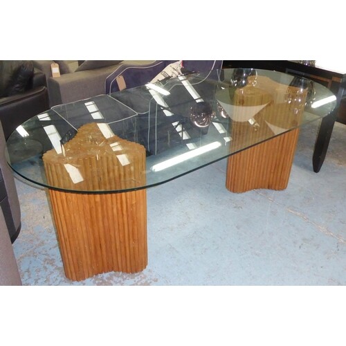 DINING TABLE, contemporary, twin pedestal bamboo design, gla...