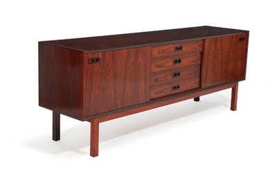 Danish furniture design: Rosewood sideboard with two sliding doors and four drawers. 1960–1970s. H. 75. W. 200. D. 50 cm.