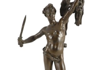 D'après Alfred Désiré Lanson (1851-1898). Figure en bronze de Jason avec la toison d'or,debout tenant...