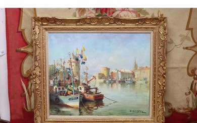 Decorative harbour scene, oil on canvas, signed lower right,...