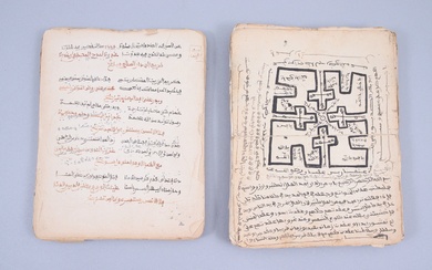 Deux manuscrits islamiques à l’encre rouge et noire avec des tableaux et dessins ésotériques (?)...