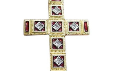 Diamond Enamel Cross Pendant 18K Gold Vintage