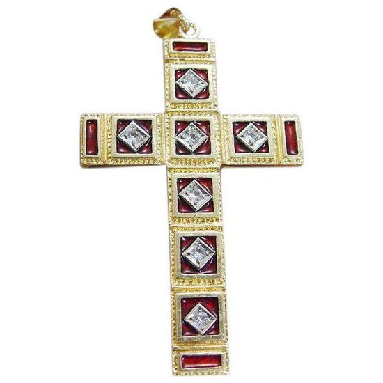 Diamond Enamel Cross Pendant 18K Gold Vintage