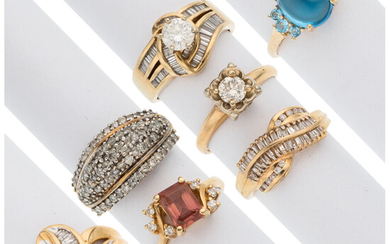 Diamond, Multi-Stone, Gold Rings The lot includes seven rings...