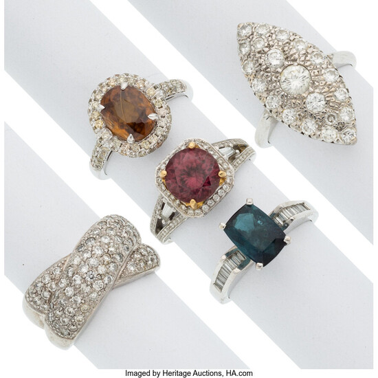 Diamond, Multi-Stone, Gold Rings This lot includes five rings:...