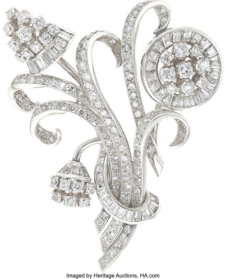 Diamond, Platinum, White Gold Pendant-Brooch Stones: Full-cut diamonds weighing...