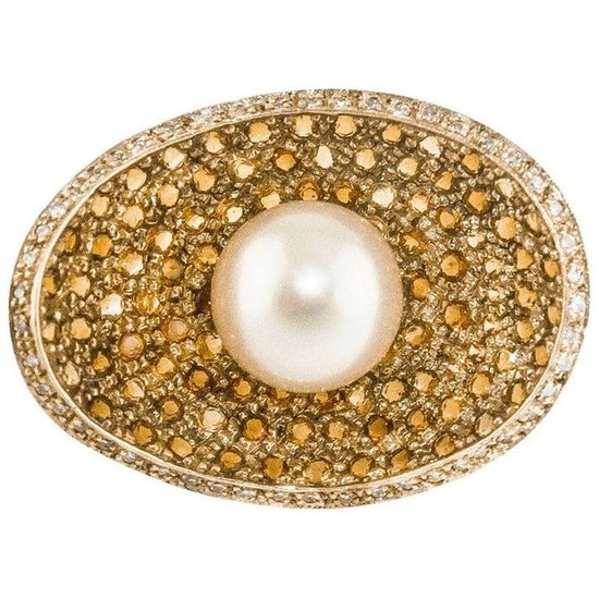 Diamonds Topazes Pearl Rose Gold Concave Shape Ring