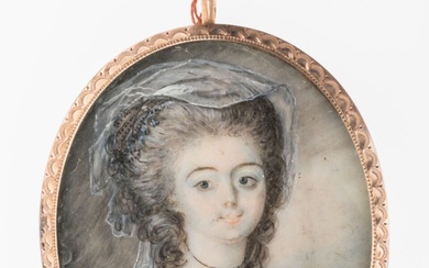 ECOLE FRANCAISE fin XVIIIème siècle. Portrait de jeune fille en robe bleue. Miniature en ovale...