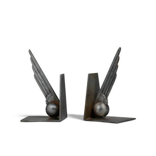 EDGAR BRANDT (1880-1960) Pair of Aviation Bookendscirca 1925patinated wrought iron, each stamped...