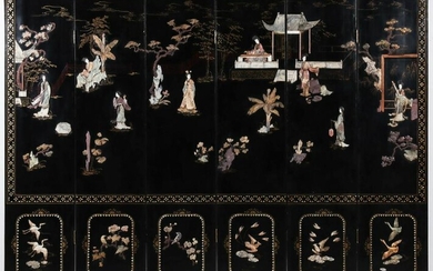 ELABORATE SIX PANEL CHINESE HARDSTONE LACQUER SCREEN