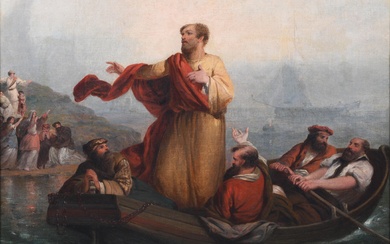 EUROPEAN SCHOOL, 19TH CENTURY, CHRIST ON THE SEA OF GALILEE, Oil on canvas, 17 x 22 in. (43.2 x 55.9 cm.), Frame: 23 1/4 x 27 3/4 in. (59.1 x 70.5 cm.)