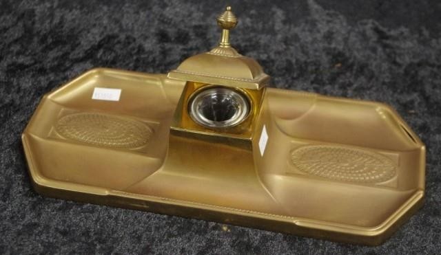 Early WMF brass inkwell & pen stand including brass lidded i...