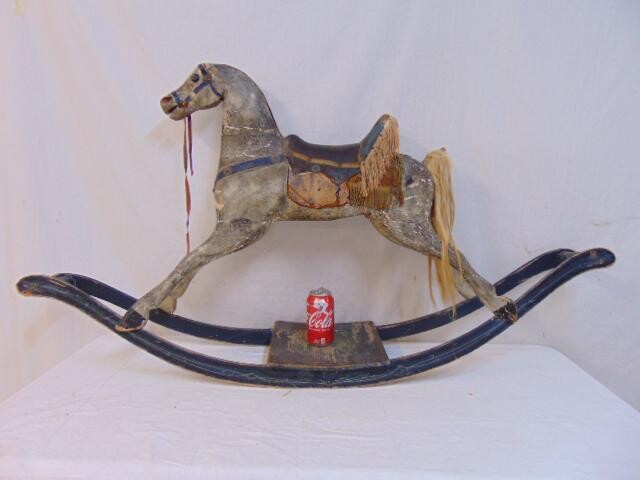 Early rocking horse, carved & painted wood, gesso