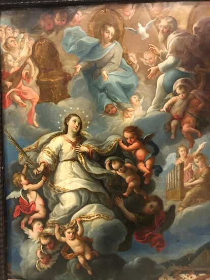 Ecole ESPAGNOLE du XVIIIème siècle, suiveur de MURILLO. L'Assomption de la Vierge. Huile sur cuivre....