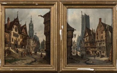 Ecole du Nord du XIXè siècle, "Views of medieval towns"...