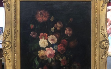 Ecole du XIXème Nature morte au bouquet fleuri Huile sur toile Restauration 61x50
