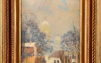 Elie Anatole PAVIL (1873-1948) Montmartre sous la neige Huile sur panneau Signé en bas à...