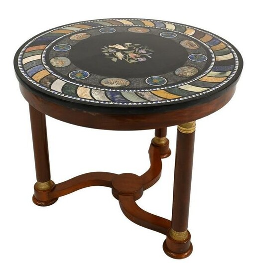Empire Mahogany Round Center Table, having pietra dura
