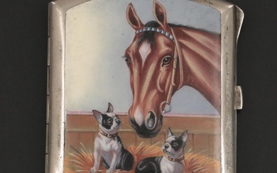 Equestrian Enameled Silver Plate Cigarette Case, Early to Mid-20th Century