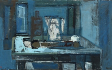 Ernst Rasmussen: Still life with jug and bottle on a table. Signed ER. Oil on canvas. 50×85 cm.
