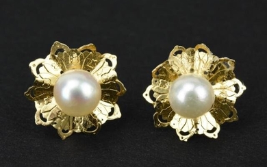 Estate Pair of 14kt Gold & Pearl Floral Earrings