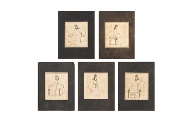 FIVE ARCHAISTIC-STYLE TINTED DRAWINGS OF ANCIENT PERSIAN KINGS Iran, 20th century, signed Hajji Mansur al-Malek