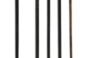 FIVE CANES WITH SILVER HANDLES Handles in assorted shapes and designs. All with wooden shafts and metal ferrules. Lengths from 34" t...