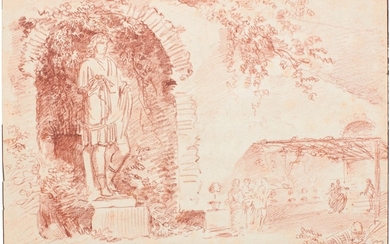 FRENCH SCHOOL, 18TH CENTURY | LANDSCAPE WITH A STATUE IN A NICHE AND FIGURES IN A GARDEN UNDER A TRELLIS