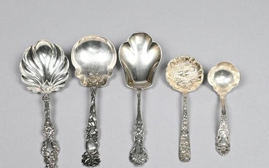 Five American Art Nouveau Silver Serving Spoons