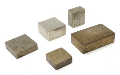 Five Chinese metal inscribed boxes and covers of which three of square...
