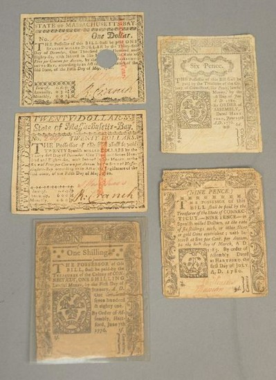 Five piece lot of Colonial currency, note CT. 9 pence