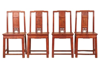 Four Chinese Red Lacquer Carved Wedding Chairs