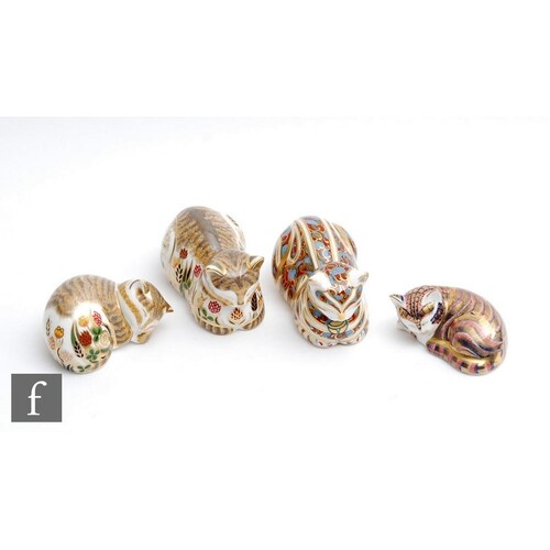 Four boxed feline Royal Crown Derby paperweights comprising ...