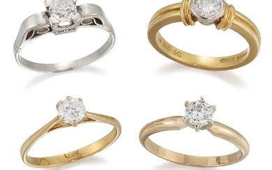 Four diamond single stone rings, including an 18ct gold diamond solitaire in collet-setting to reeded shoulders; an old brillaint-cut diamond ring in four claw mount to domed shoulders; and two brilliant-cut diamond rings each in four claw settings...