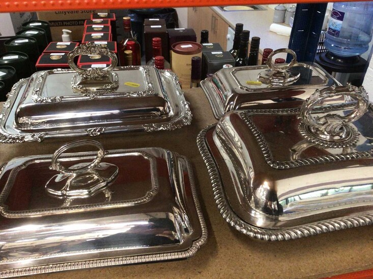 Four silver plate entree dishers - A pair by Hamilton & Inches of Edinburgh, a single on coopper and an Old Sheffield plated example