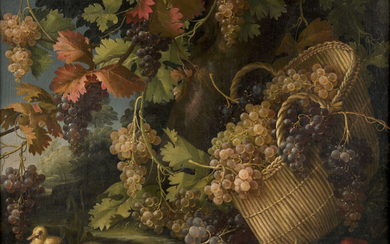 Francesco MALAGOLI Actif à la fin du XVIIIe siècle Grappes de raisins et chardonneret dans un sous-bois et Panier de raisins près d'un étang aux canetons