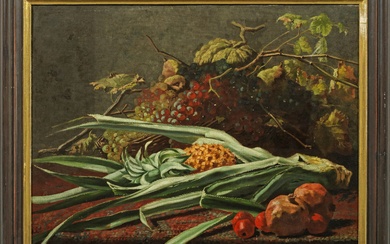 Frans Mortelmans 1865 Anvers - 1936 ibidem) Nature morte aux fruits Arrangement somptueux avec une...