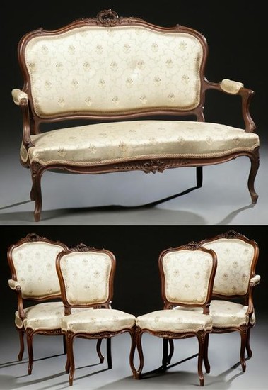French Louis XV Style Carved Walnut Five Piece Parlor