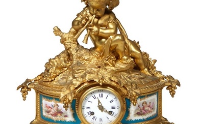 French Louis XV Style Gilt Bronze and Porcelain Mantel Clock, 20th c., H.- 16 3/4 in., W.- 16 3/4