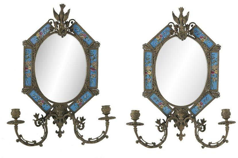 French-Style Bronze & Porcelain Mirrored Sconces